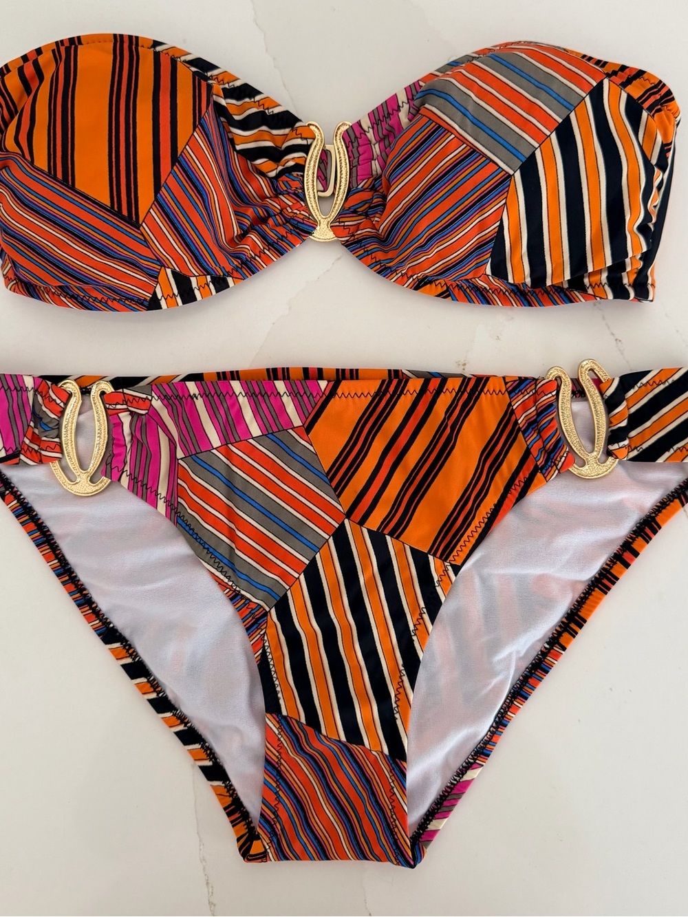 Red Carter Orange Multicolor Striped Bandeau Bikini Set with Gold Accents